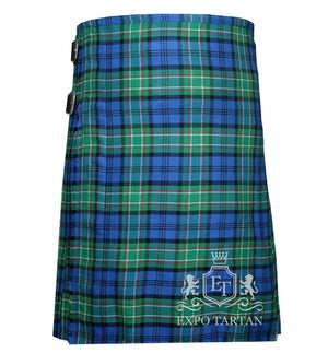 Men's Allan Tartan Kilt showing traditional knife pleats and black leather side straps in a vibrant blue and green sett, intricately intersected by black bands with red and white overcheck