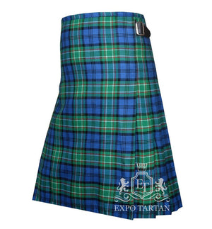 Men's Allan Tartan Kilt showing traditional knife pleats and black leather side straps in a vibrant blue and green sett, intricately intersected by black bands with red and white overcheck