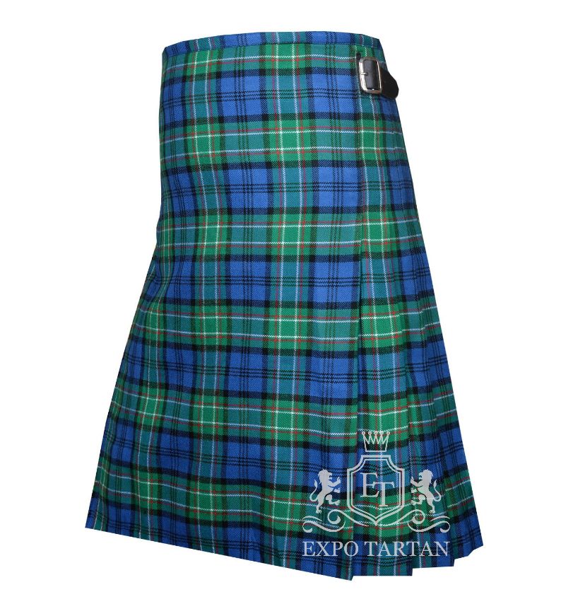 Men's Allan Tartan Kilt showing traditional knife pleats and black leather side straps in a vibrant blue and green sett, intricately intersected by black bands with red and white overcheck