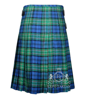 Men's Allan Tartan Kilt showing traditional knife pleats and black leather side straps in a vibrant blue and green sett, intricately intersected by black bands with red and white overcheck