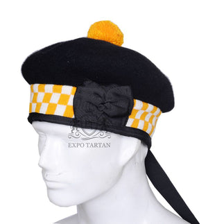 Balmoral Cap Black Wool With Yellow and White Diced Scottish Military Diced Barret Bonnet