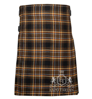 Men's Bear Pride Tartan Kilt showing traditional knife pleats and black leather side straps in an earthy brown and black sett, intricately intersected by golden-yellow and crisp white overcheck