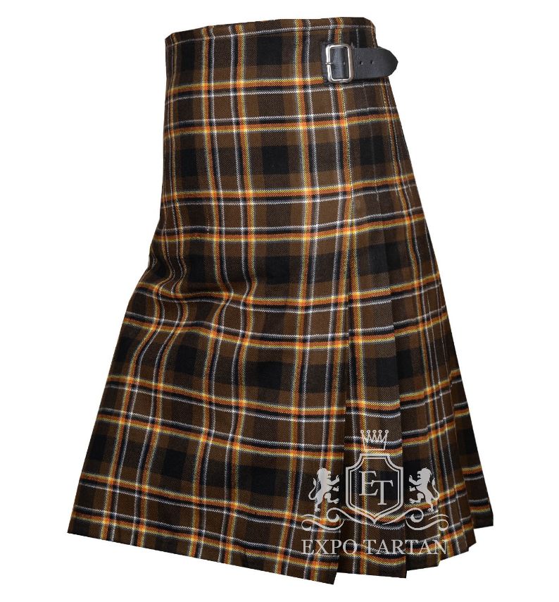Men's Bear Pride Tartan Kilt showing traditional knife pleats and black leather side straps in an earthy brown and black sett, intricately intersected by golden-yellow and crisp white overcheck