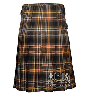 Men's Bear Pride Tartan Kilt showing traditional knife pleats and black leather side straps in an earthy brown and black sett, intricately intersected by golden-yellow and crisp white overcheck