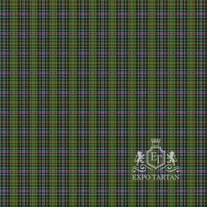 Men's Bhutan Swatch showing a closely woven earthy green and black sett, intricately intersected by fine golden-orange lines and bright magenta overchecks.
