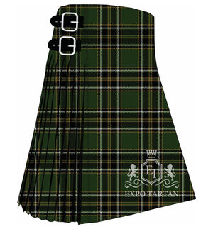 Men's Birmingham Irish Pipes and Drums Tartan Kilt showing traditional knife pleats in a deep forest green sett, intersected by thick black bands and fine white and yellow lines.