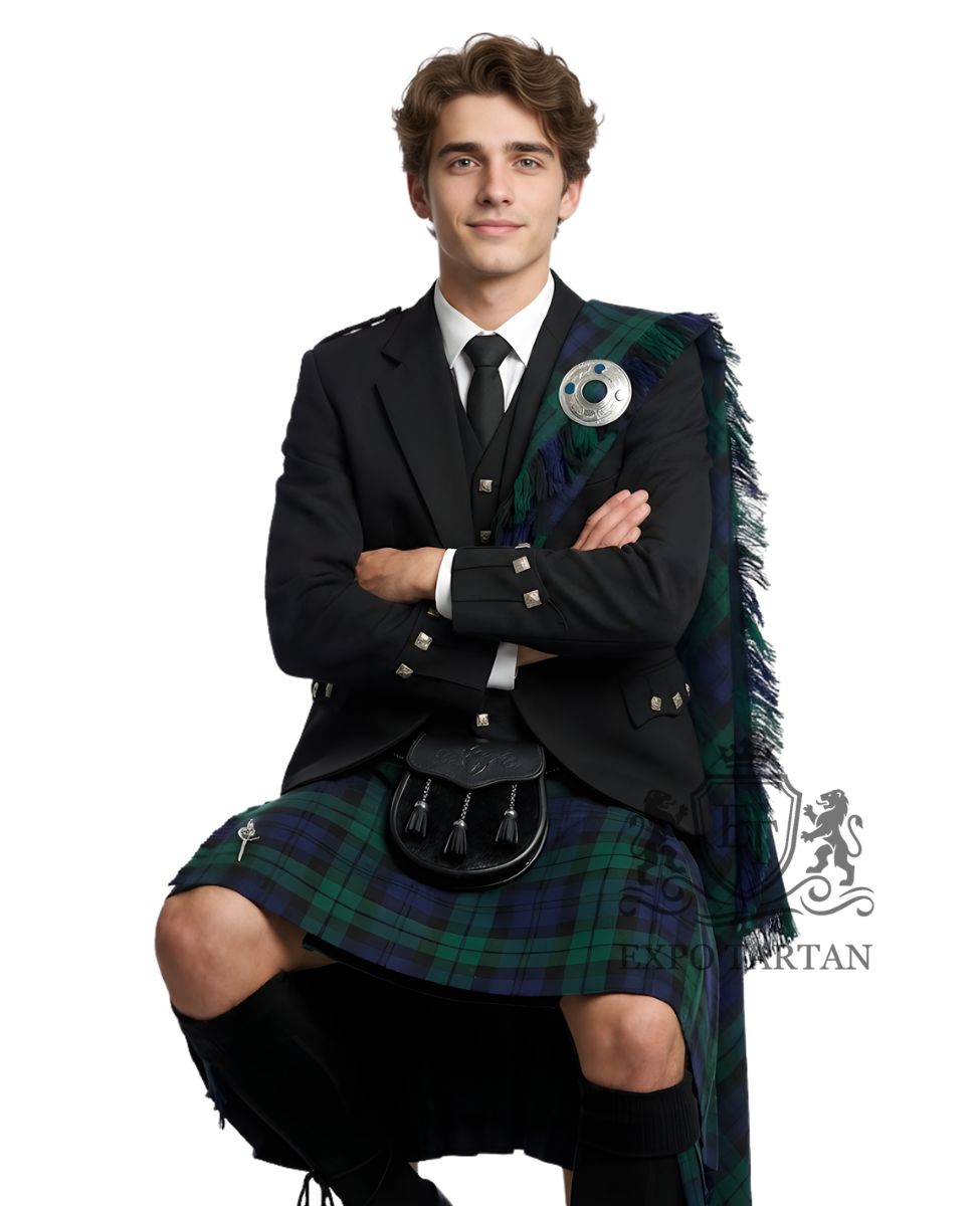 Black Argyll Kilt Outfit With Black Watch Tartan Kilt