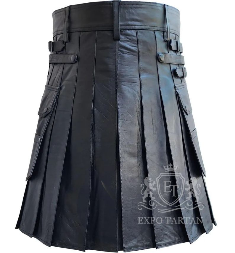 Black Cowhide Leather Utility Kilt Scottish Highland Wear with Cargo Pockets