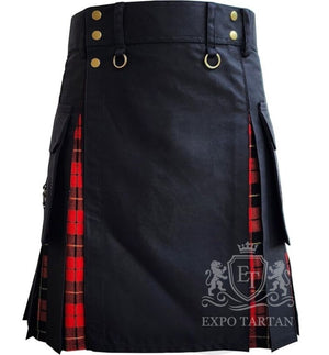 Black Hybrid Utility Kilt Wallace Red Tartan Pleats with Cargo Pockets