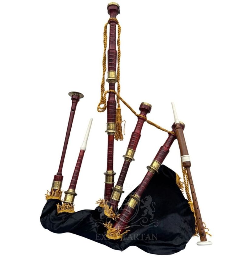 Black Velvet Bagpipe Set Brown & Gold Finish With Hard Case