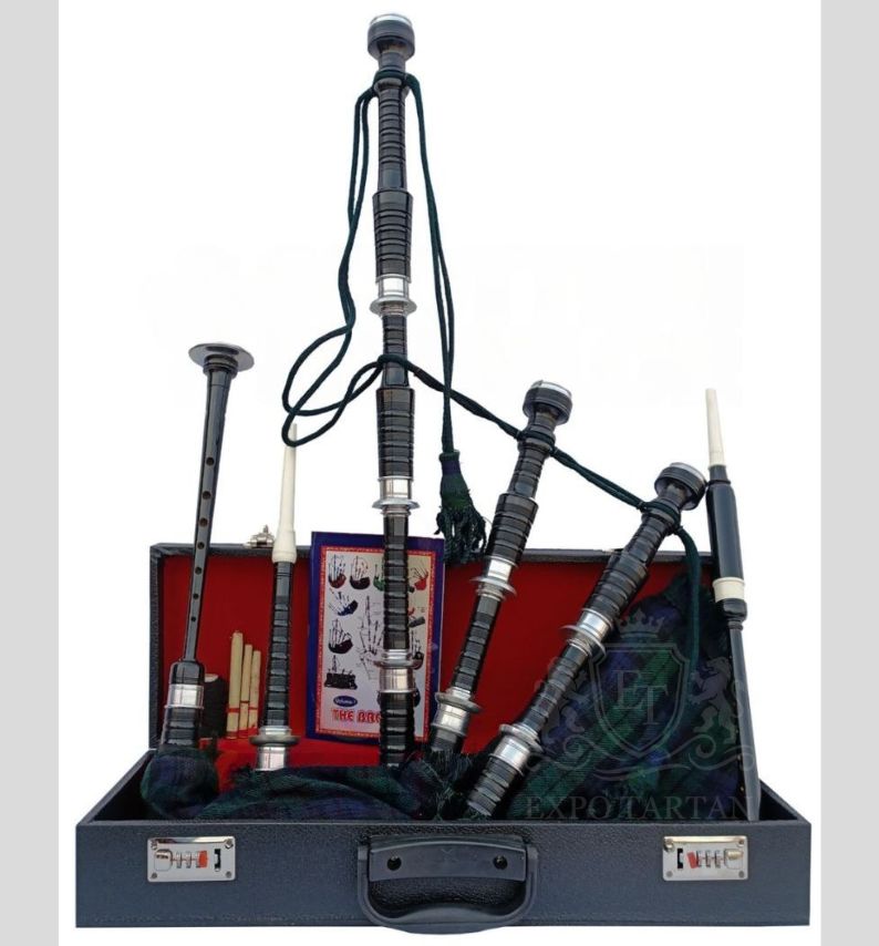 Black Watch Tartan Black With Silver Finish Bagpipe Set With Hard Case