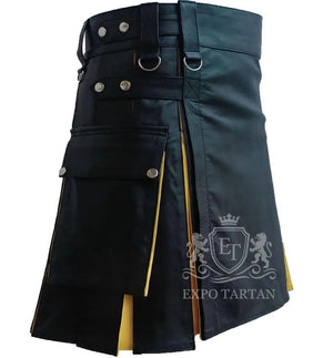 Black and Yellow Leather Hybrid Utility Kilt Modern Men's Fashion Kilt with Cargo Pockets