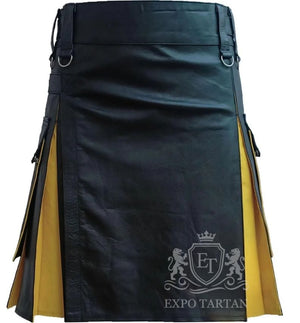 Black and Yellow Leather Hybrid Utility Kilt Modern Men's Fashion Kilt with Cargo Pockets