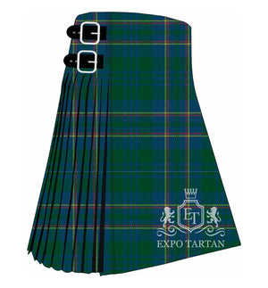 Men's Blue Ridge Mountains Ancient Tartan Kilt showing traditional knife pleats in a green and blue sett, intricately intersected by fine bright red and golden-yellow lines