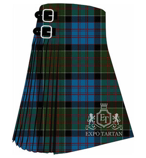 Men's Boston Pipe Band Tartan Kilt showing traditional knife pleats in a bright blue and forest green sett, intricately intersected by thick black bands and fine red and white lines