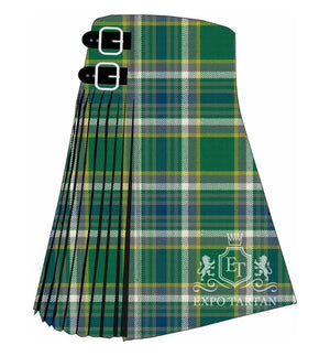 Men's Boucherville District Ancient Tartan Kilt showing traditional knife pleats in a rich green and blue sett, intricately intersected by broad white bands and fine bright yellow lines