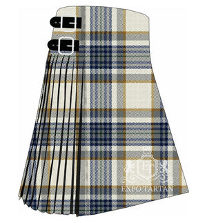 Men's Boucherville Dress Ancient Tartan Kilt showing traditional knife pleats in a soft off-white sett, intricately intersected by broad navy blue and grey bands with fine gold lines