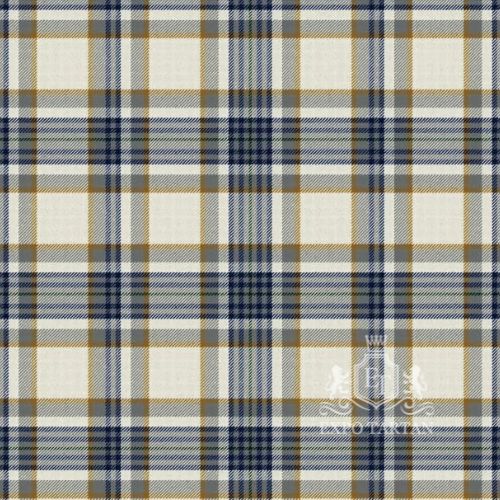 Men's Boucherville Dress Ancient Swatch showing a soft off-white sett, intricately intersected by broad navy blue and grey bands with fine gold lines
