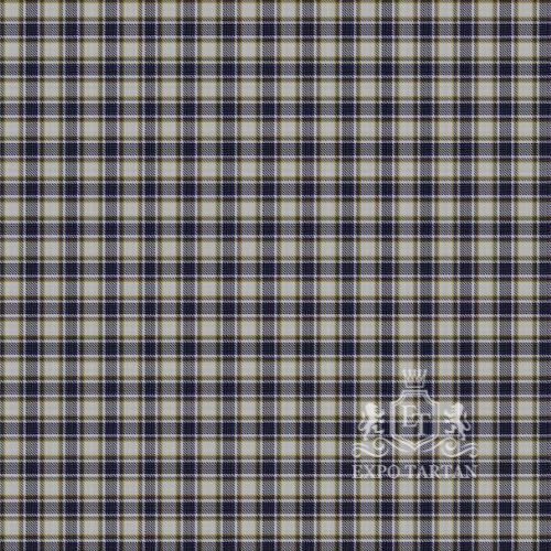 Men's Boucherville Dress Swatch showing a crisp white sett, intricately intersected by navy blue and grey bands with fine yellow lines