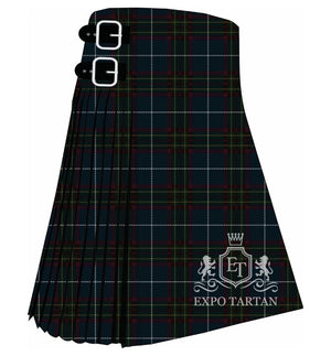 Men's Bressuire Tartan Kilt showing traditional knife pleats in a deep midnight blue and forest green sett, intricately intersected by dark red bands and crisp white lines