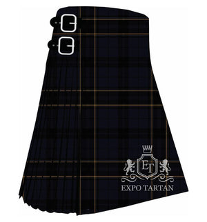 Men's Brighton and Hove Dress Tartan Kilt showing traditional knife pleats in a deep navy and black sett, intricately intersected by fine gold double lines