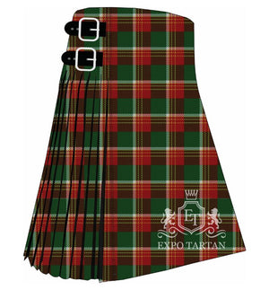 Men's Brisbane Tartan Kilt showing traditional knife pleats in a dense forest green and dark red sett, intricately intersected by fine white and golden yellow lines