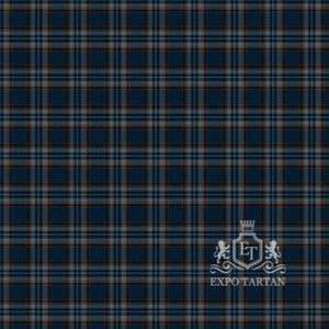 Men's British Caledonian Airways #1 Swatch showing a dense dark navy sett, intricately intersected by lighter blue bands and fine reddish-brown lines