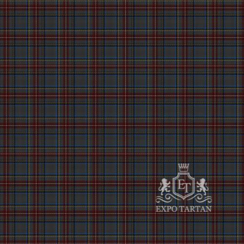 Men's British Caledonian Airways #2 Swatch showing a deep slate grey sett, intricately intersected by maroon bands and fine bright blue and yellow lines.