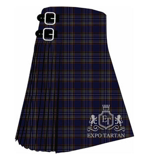 Men's British Caledonian Airways #3 Tartan Kilt showing traditional knife pleats in a deep navy blue sett, intricately intersected by muted red and grey bands with fine white and yellow lines