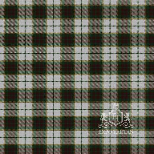 Men's British Columbia #2 Swatch showing a light silver sett, intricately intersected by deep forest green and burgundy blocks with fine gold lines