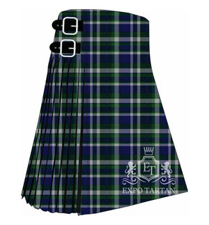 Men's British Columbia (CIDD 28107) Tartan Kilt showing traditional knife pleats in a deep navy blue and green sett, intricately intersected by crisp light grey double lines