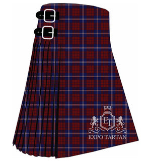 Men's British European Tartan Kilt showing traditional knife pleats in a deep red and navy blue sett, intricately intersected by fine gold lines.