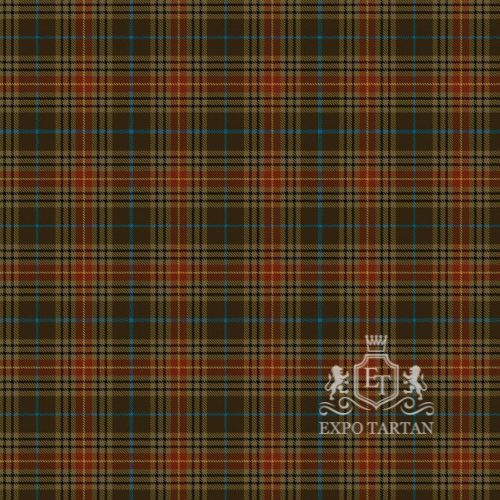 Men's Brittany National Walking Swatch showing a deep brown and muted olive sett, intricately intersected by rust orange bands and fine bright blue lines