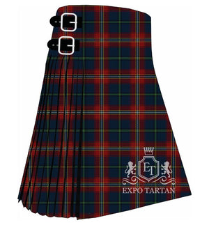 Men's Bro Naoned Tartan Kilt showing traditional knife pleats in a deep navy and red sett, intricately intersected by fine bright blue, green, and yellow lines