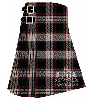 Men's Bro Wened Tartan Kilt showing traditional knife pleats in a deep black sett, intricately intersected by pale beige bands and fine red lines.