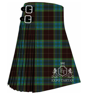 Men's Broome County Tartan Kilt showing traditional knife pleats in a deep dark brown and black sett, intricately intersected by blue and green bands with fine gold lines