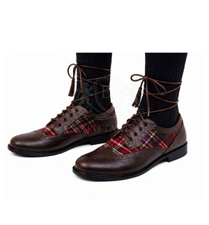 Brown Ghillie Brogue Kilt Shoes With Tartan