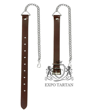 Brown leather strap with metal chain on a white background, featuring Expo Tartan logo.