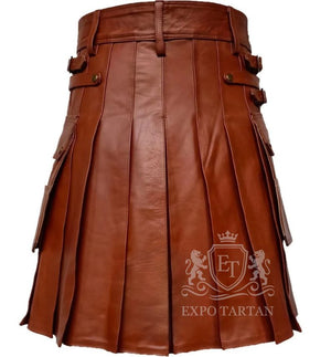 Brown Cowhide Leather Utility Kilt With Front Sporran Scottish Highland Wear