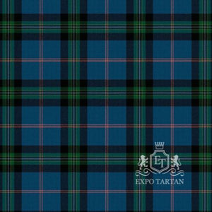 Men's Buckie District Ancient Swatch showing a vibrant blue, black, and dark green sett, intricately intersected by fine red lines