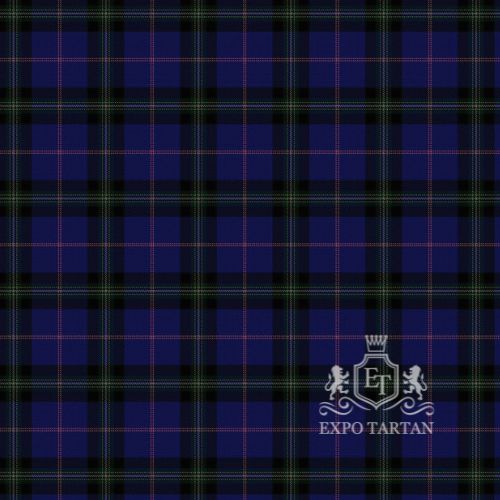 Men's Buckie District Swatch showing a deep navy blue, black, and green sett, intricately intersected by fine magenta pink lines