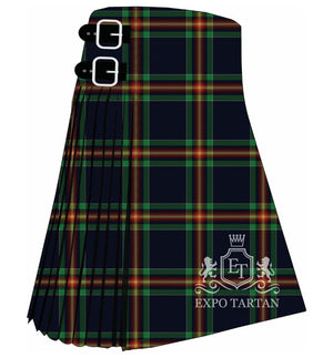 Men's COP26 A New Dawn Tartan Kilt showing traditional knife pleats and black leather side straps in a dark navy sett, intricately intersected by bright green, red, and yellow bands