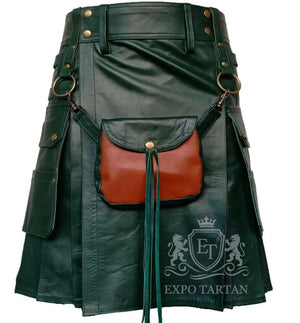 Green Cowhide Leather Utility Kilt With Front Sporran Scottish Highland Wear