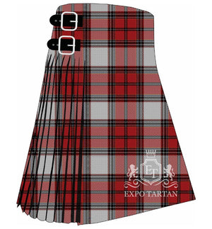 Men's Calgary Tartan Kilt showing traditional knife pleats and black leather side straps in a bold red and light grey sett, intricately intersected by solid black bands and fine white and yellow lines