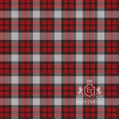 Men's Calgary Swatch showing a bold red and light grey sett, intricately intersected by solid black bands and fine white and yellow lines