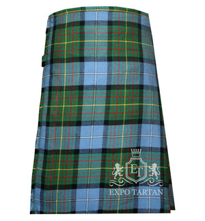 Men's California State Tartan Kilt showing traditional knife pleats and black leather side straps in a light blue and green sett, intricately intersected by black bands with red and yellow overcheck