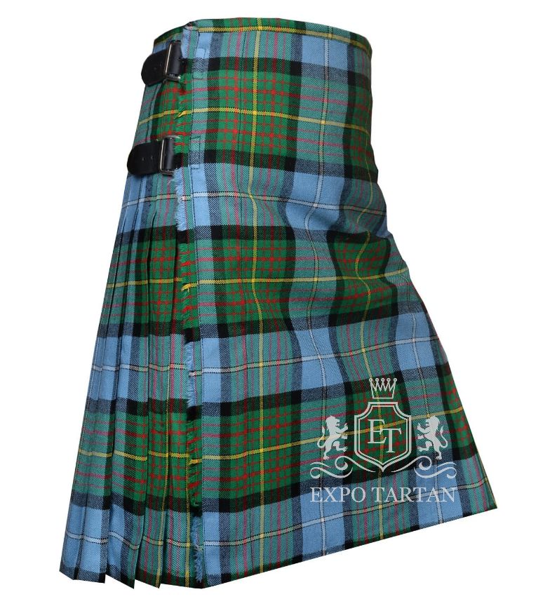 Men's California State Tartan Kilt showing traditional knife pleats and black leather side straps in a light blue and green sett, intricately intersected by black bands with red and yellow overcheck