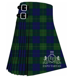 Men's Cambridge Tartan Kilt showing traditional knife pleats in a deep blue and forest green sett, intricately intersected by fine pale blue, black, red, and yellow lines