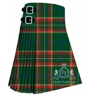 Men's Canadian Caledonian Ancient Tartan Kilt showing traditional knife pleats and black leather side straps in a vibrant green and red sett, intricately intersected by fine white, yellow, and blue lines