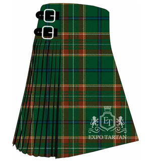Men's Canadian Caledonian Hunting Ancient Tartan Kilt showing traditional knife pleats and black leather side straps in a vibrant green and terracotta sett, intricately intersected by fine white, yellow, and navy blue lines